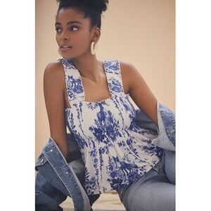 Anthropologie Conditions Apply Katalia Tank Top Womens L Toile Smocked Peplum
